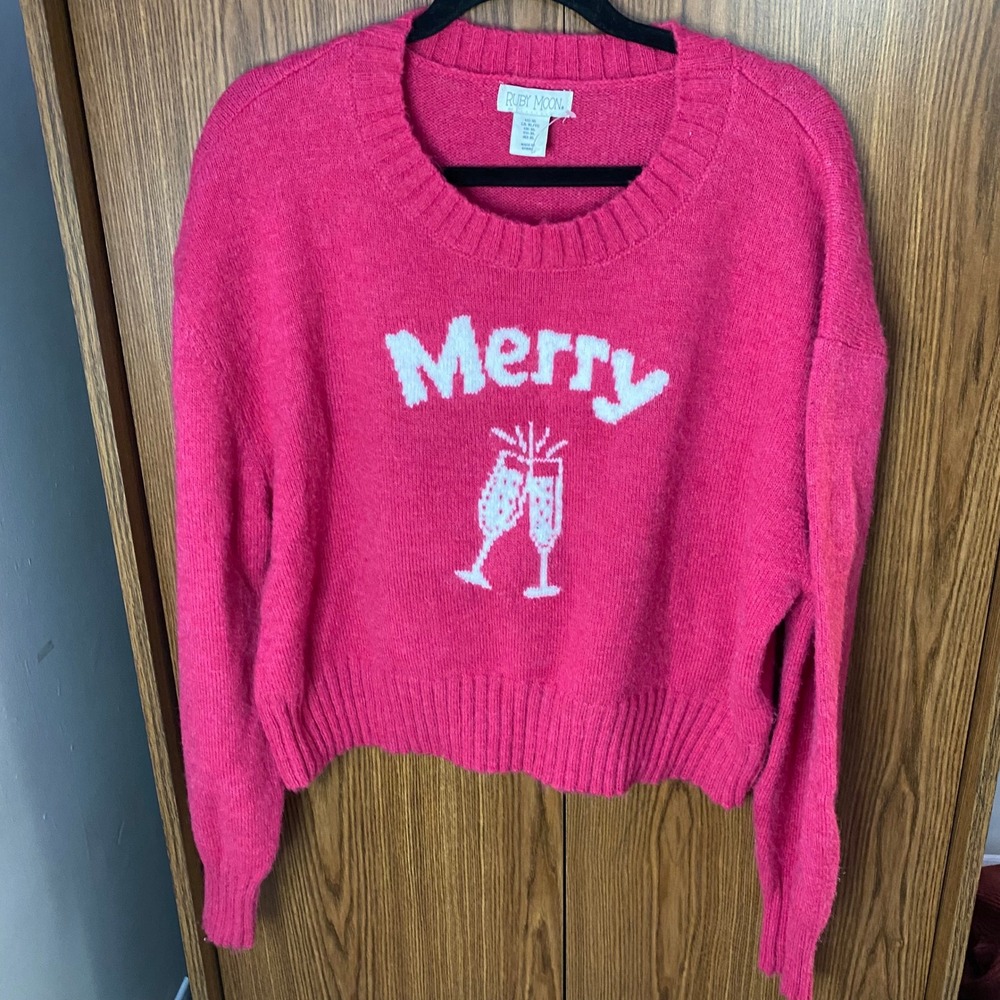 Ruby Moon Sweater Womens XL Pink Merry Champagne Graphic WoolBlend Holiday Party